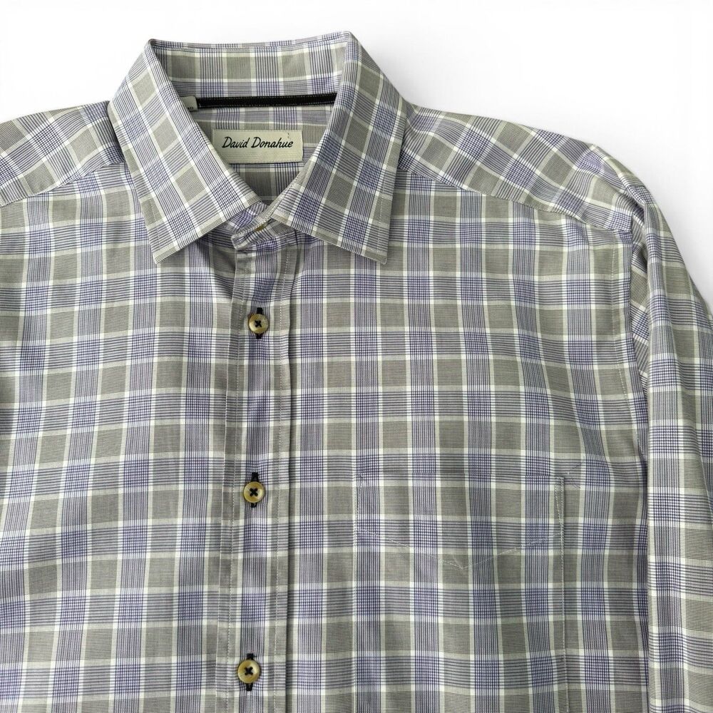 David Donahue Dress Shirt Mens Medium Purple Plaid Check Cotton Classic Fit - Picture 2 of 12